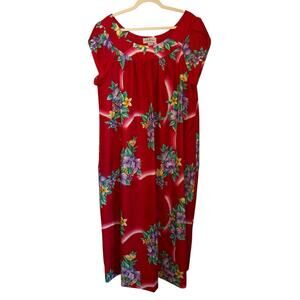 Vtg Hukilau Fashions Honolulu Hawaiian Kaftan Muu‎ Muu Red Tropical Floral Sz 24